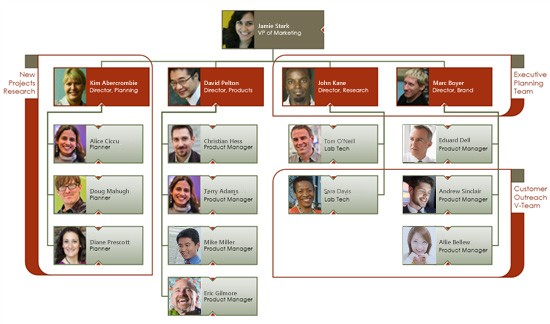An organization chart showing virtual teams An organization chart showing virtual teams